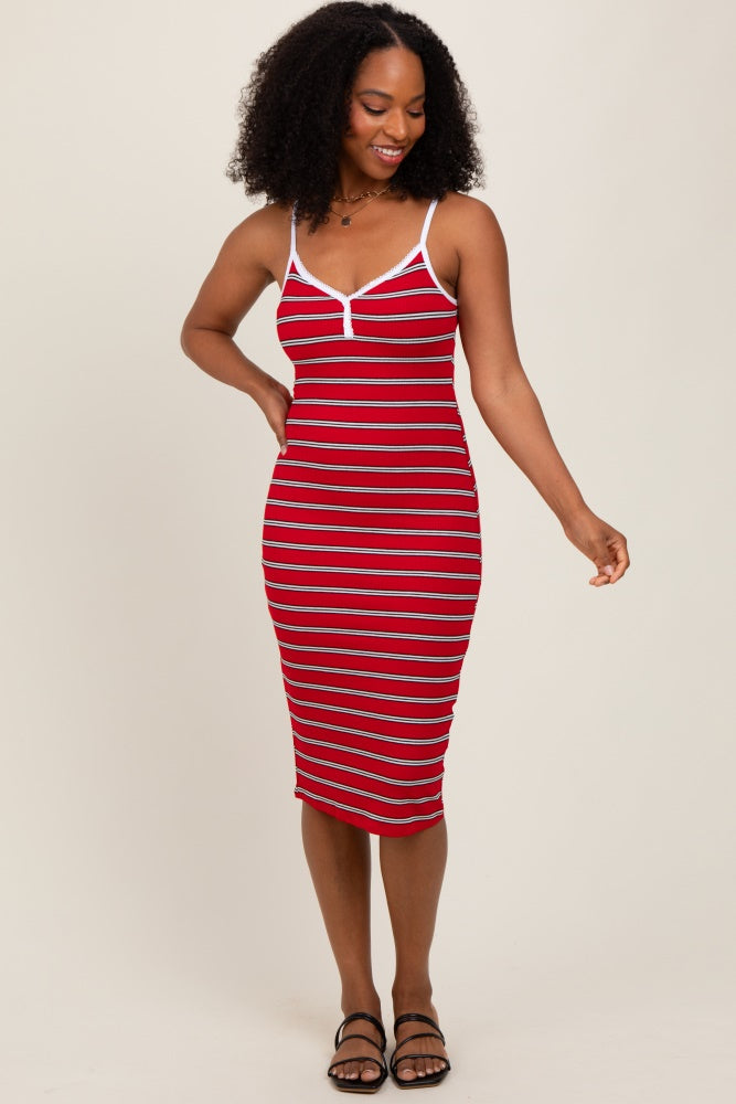 Red Striped V-Neck Sleeveless Midi Dress