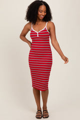 Red Striped V-Neck Sleeveless Maternity Midi Dress