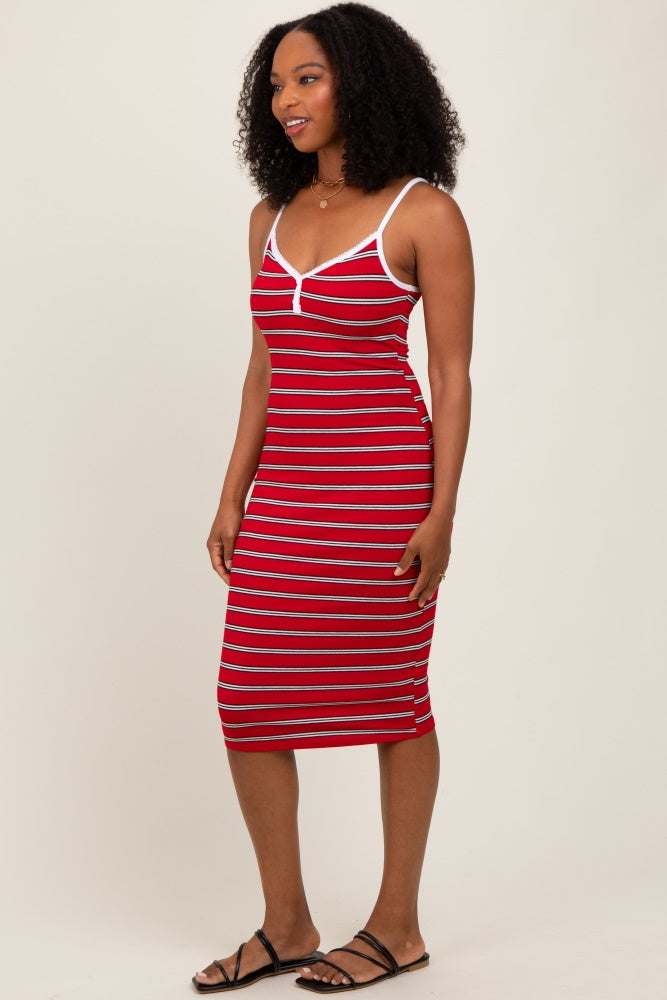 Red Striped V-Neck Sleeveless Midi Dress