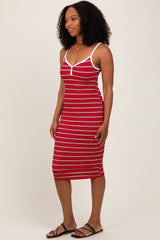 Red Striped V-Neck Sleeveless Midi Dress