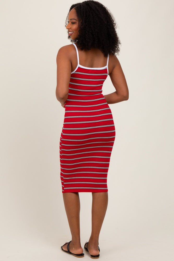 Red Striped V-Neck Sleeveless Midi Dress