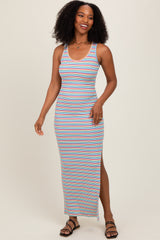 Light Blue Multicolor Striped Side Slit Maternity Maxi Dress