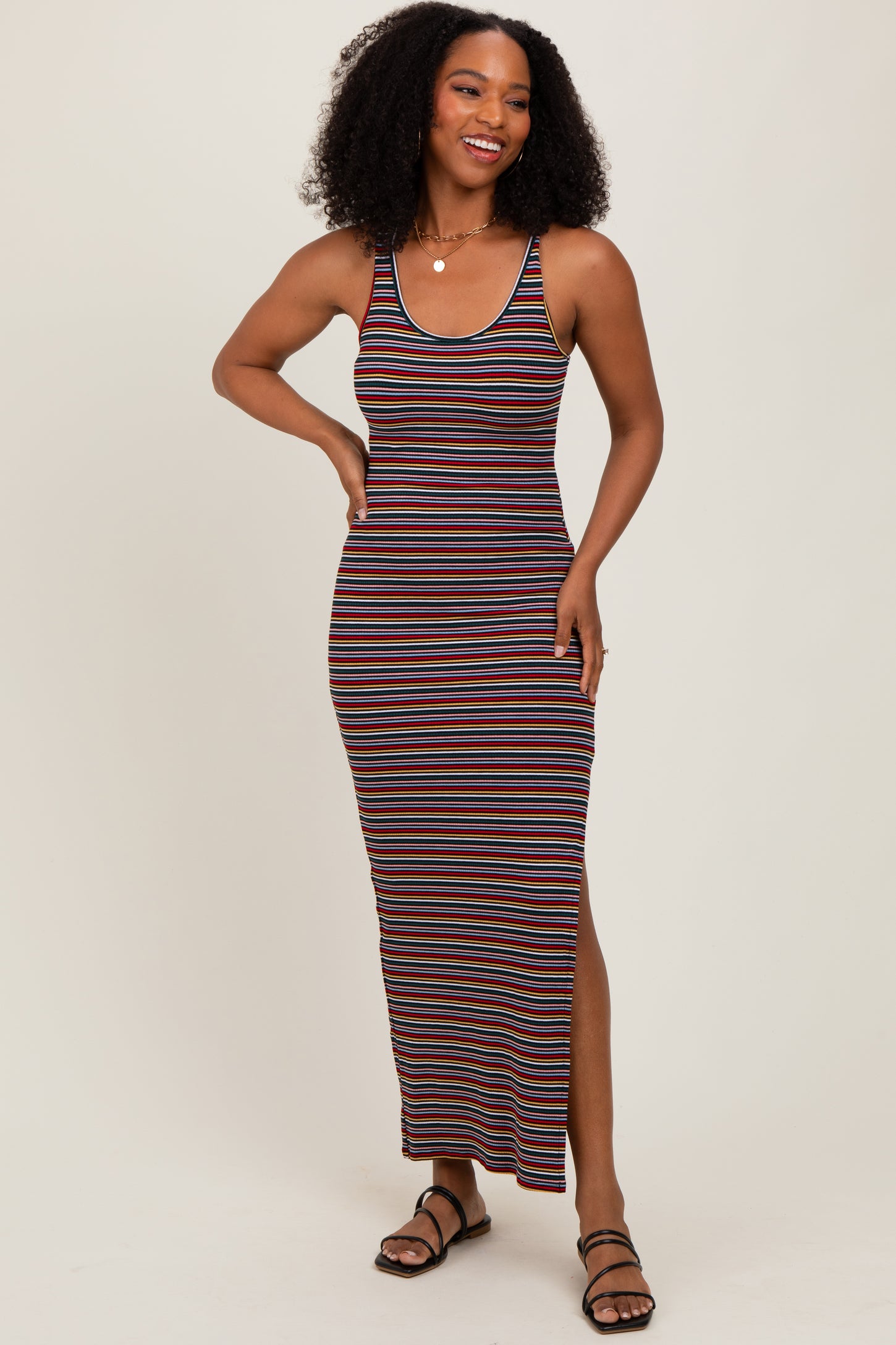 Yellow Multicolor Striped Side Slit Maternity Maxi Dress