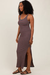 Yellow Multicolor Striped Side Slit Maxi Dress