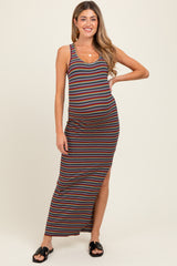 Yellow Multicolor Striped Side Slit Maternity Maxi Dress