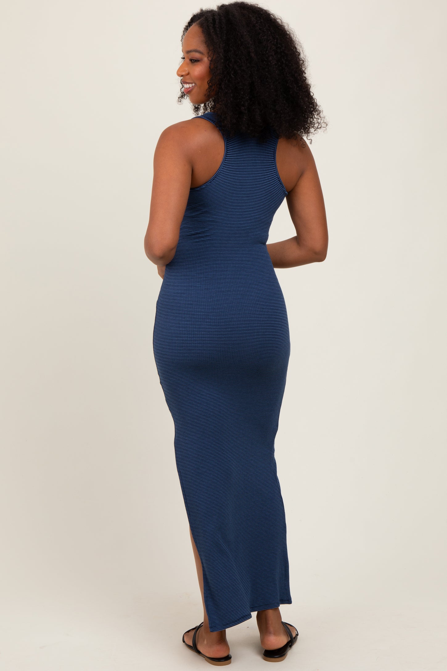 Navy Striped Side Slit Maxi Dress
