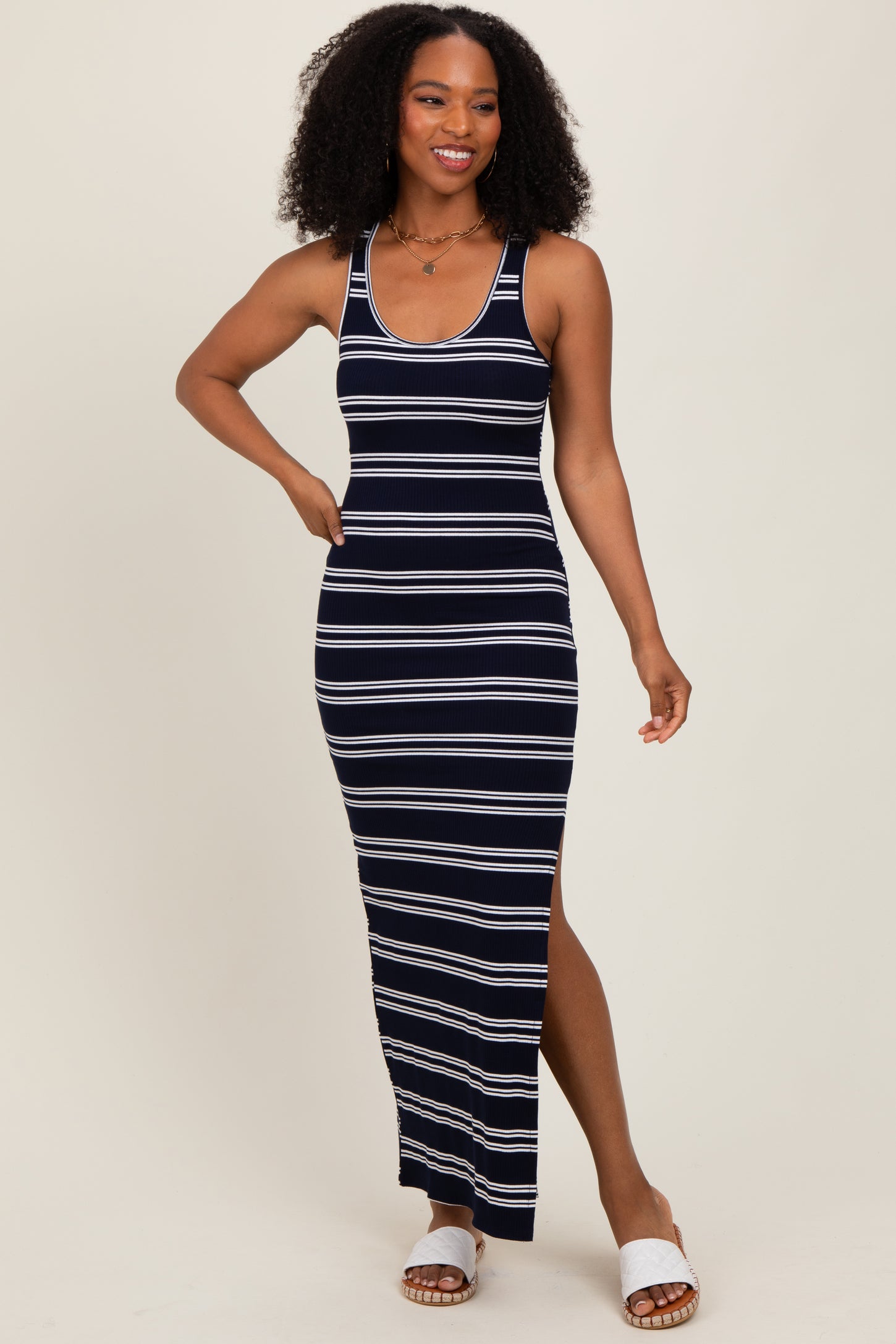 Navy Black Striped Side Slit Maternity Maxi Dress