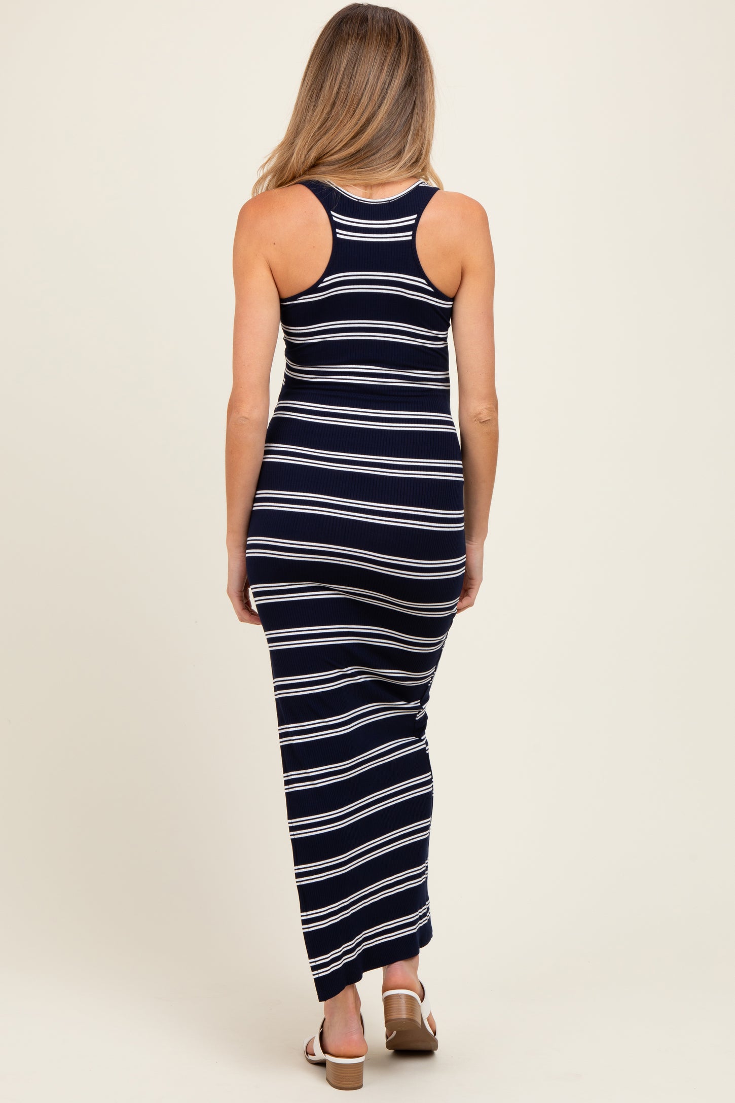 Navy Black Striped Side Slit Maternity Maxi Dress