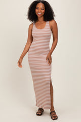 Beige Striped Side Slit Maxi Dress