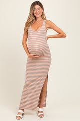 Beige Striped Side Slit Maternity Maxi Dress