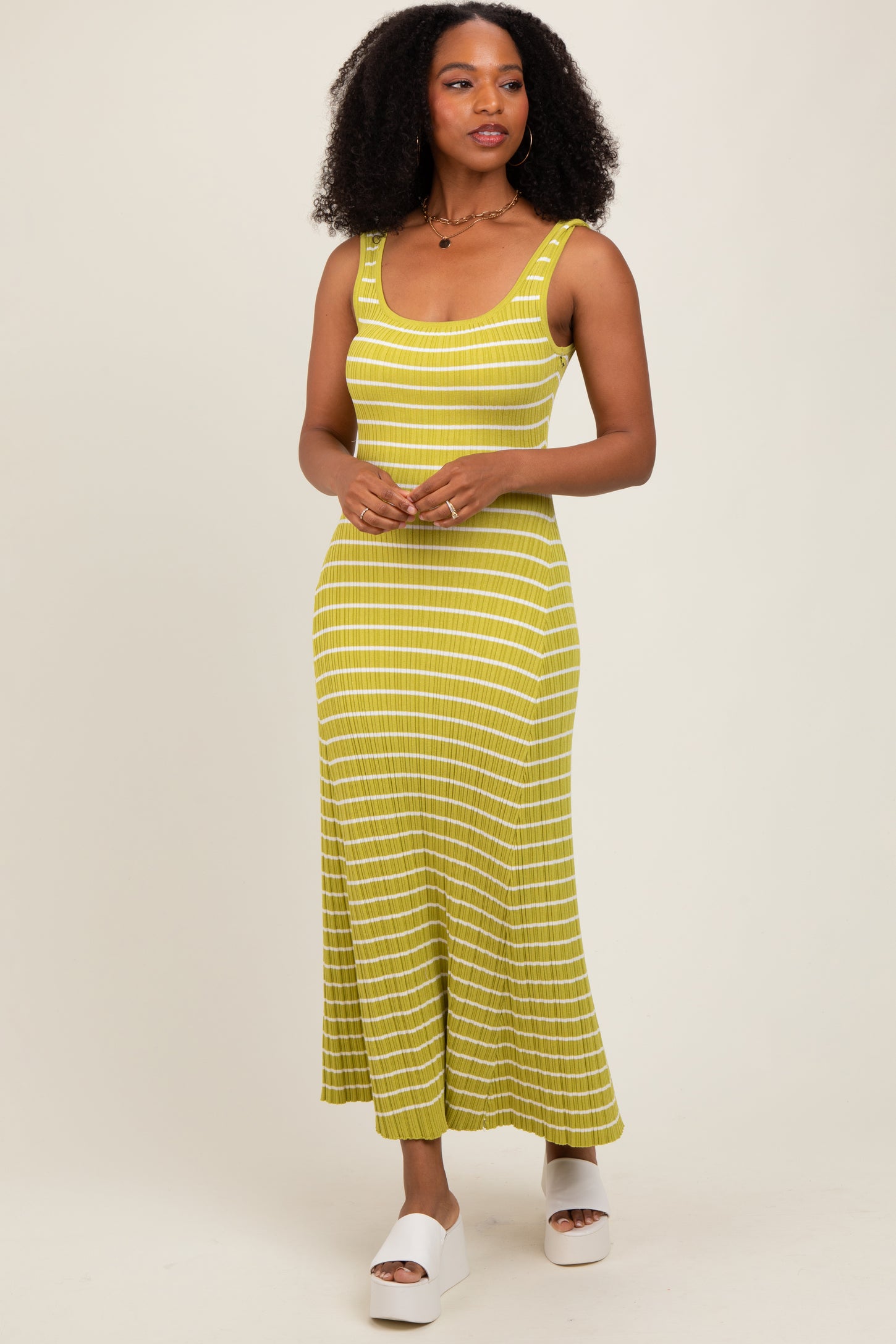 Lime Striped Ribbed Sleeveless Maxi Dress