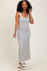 White Striped Ribbed Sleeveless Maxi Dress
