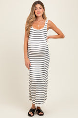White Striped Ribbed Sleeveless Maternity Maxi Dress
