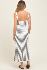 White Striped Ribbed Sleeveless Maternity Maxi Dress