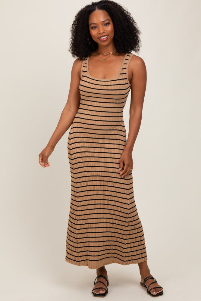 Camel Striped Ribbed Sleeveless Maxi Dress