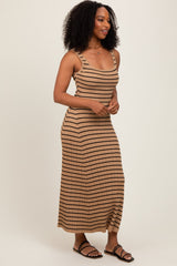 Camel Striped Ribbed Sleeveless Maxi Dress