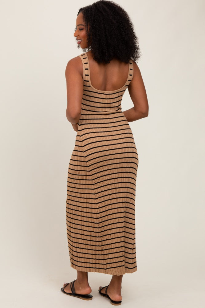 Camel Striped Ribbed Sleeveless Maxi Dress