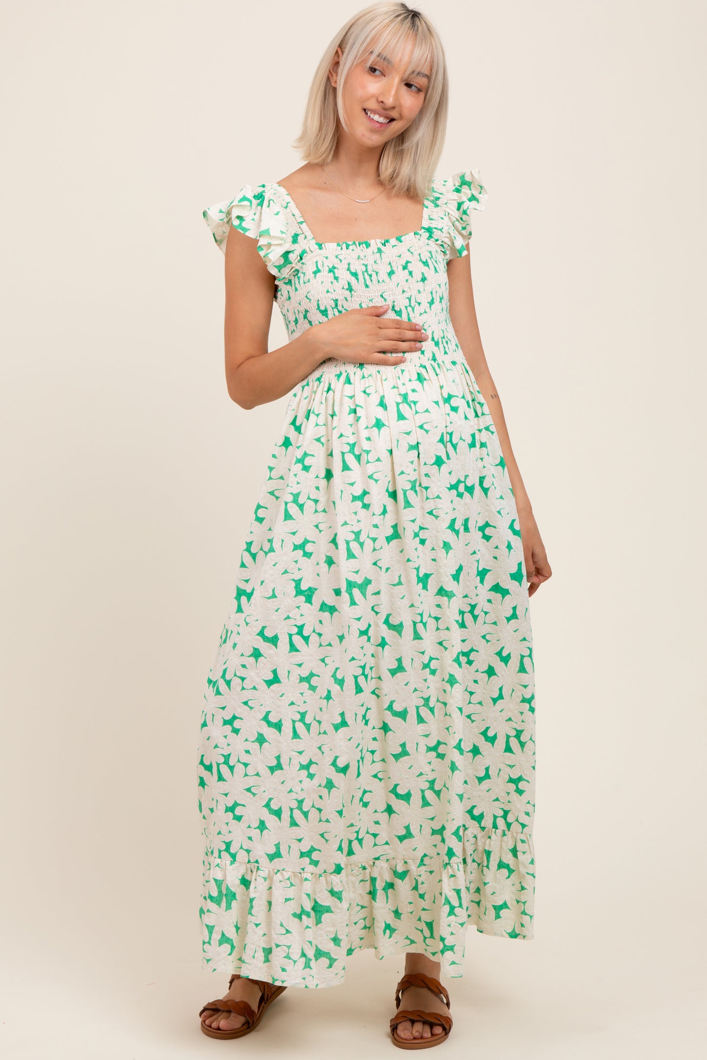 Green Floral Print Smocked Ruffle Sleeve Maternity Maxi Dress