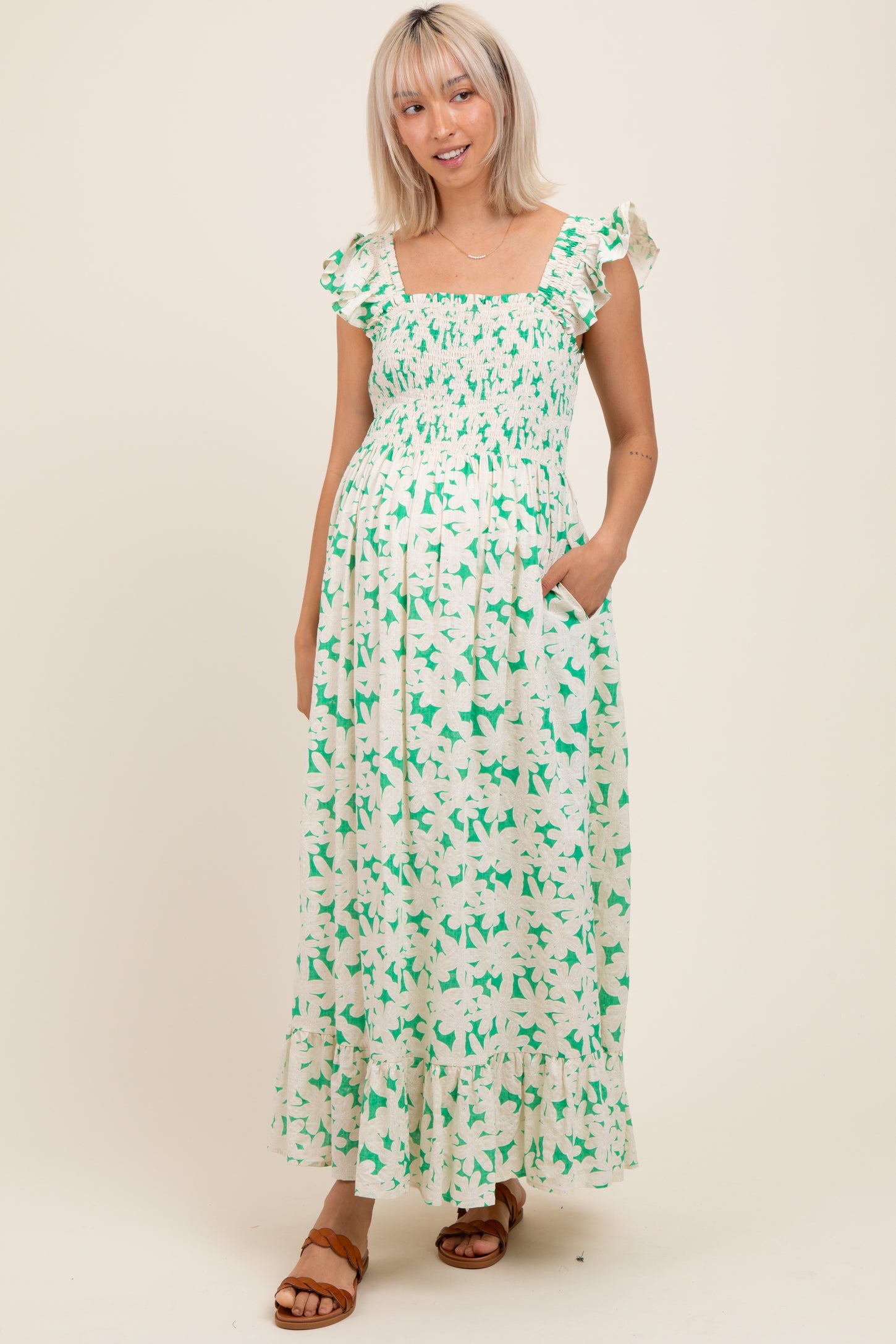 Green Floral Print Smocked Ruffle Sleeve Maternity Maxi Dress