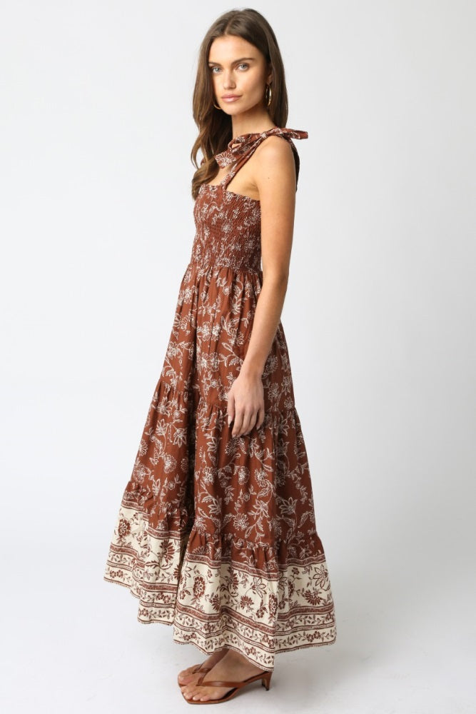 Brown Floral Smocked Shoulder Tie Maxi Dress