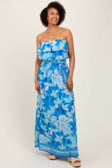 Blue Floral Chiffon Flounce Strapless Maternity Maxi Dress