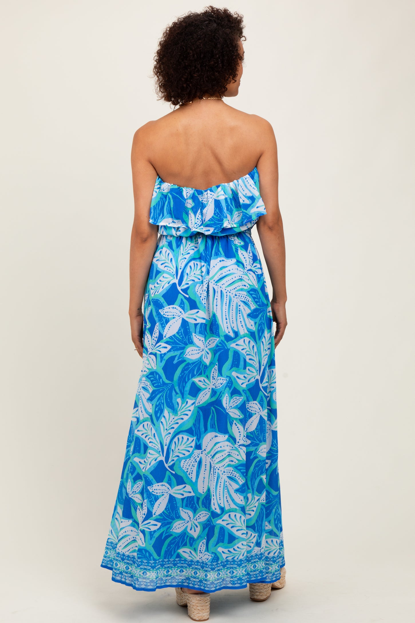 Blue Floral Chiffon Flounce Strapless Maxi Dress