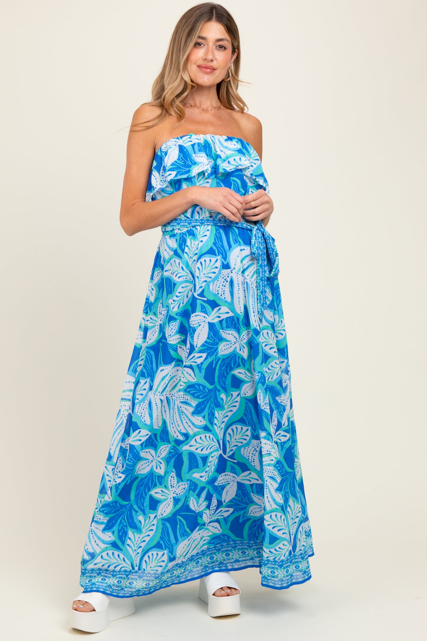 Blue Floral Chiffon Flounce Strapless Maternity Maxi Dress