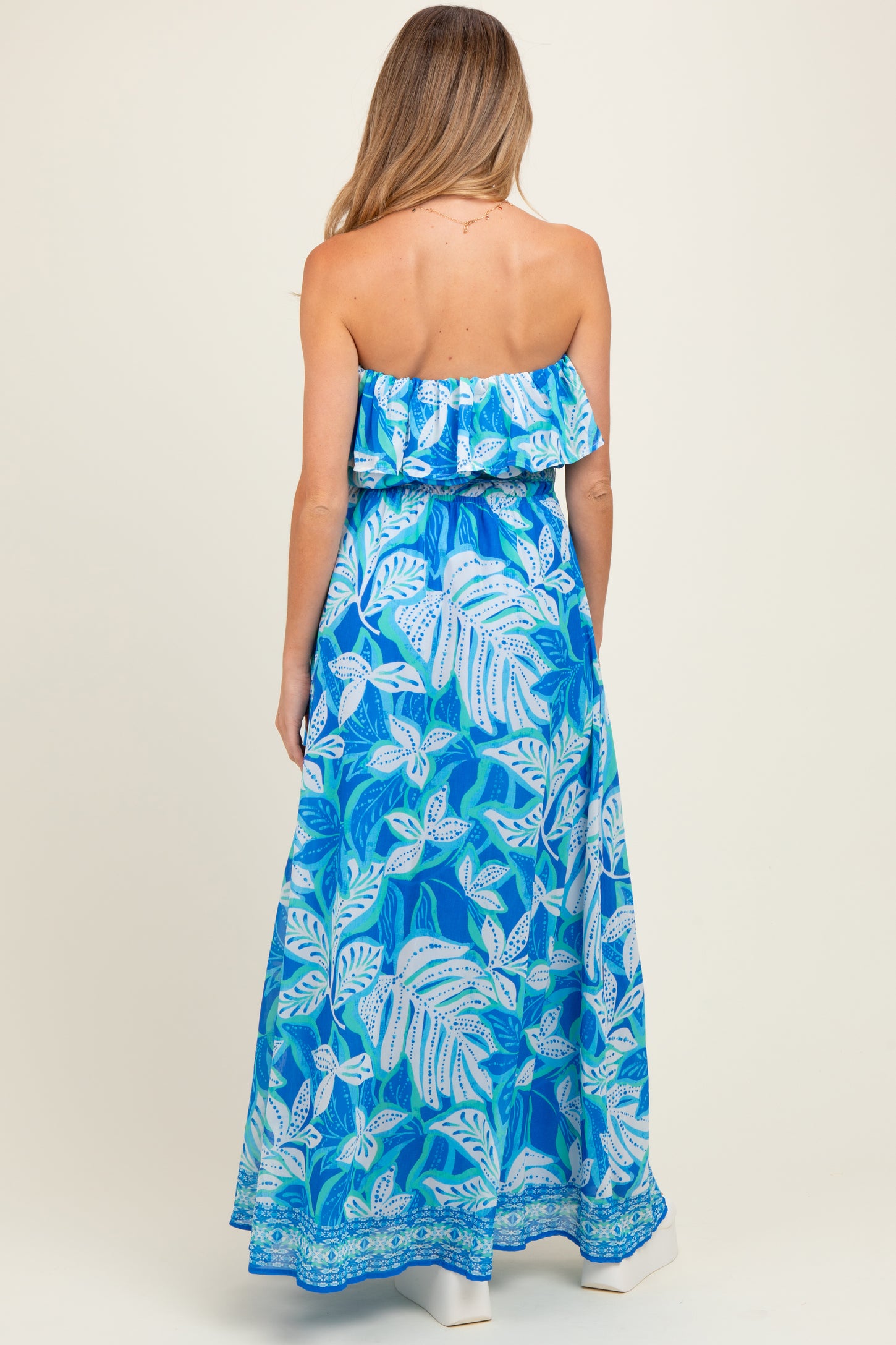 Blue Floral Chiffon Flounce Strapless Maternity Maxi Dress