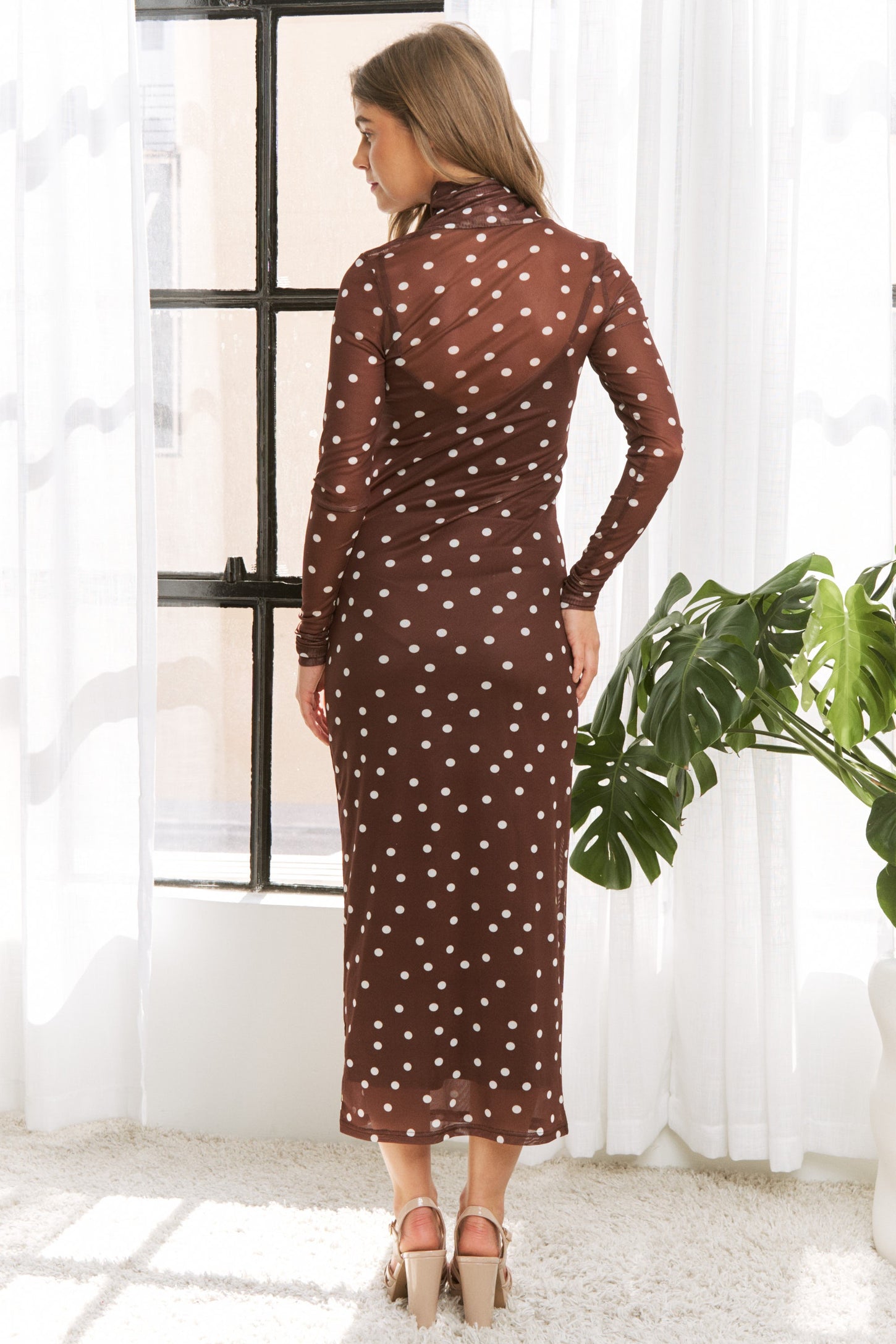 Mocha Polka Dot Mesh Overlay Midi Dress