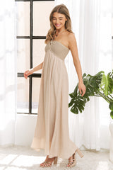 Beige Crochet Contrast Beaded Halter Neck Maxi Dress