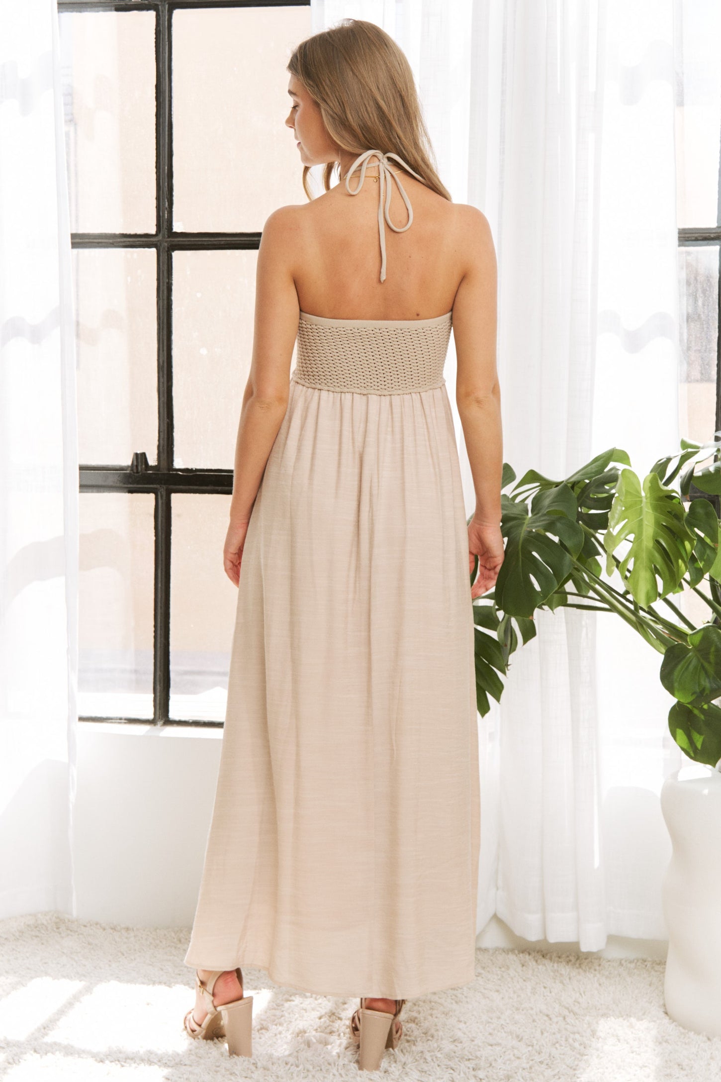 Beige Crochet Contrast Beaded Halter Neck Maxi Dress