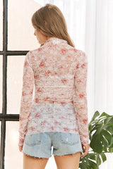 Pink Floral Mesh Lace Long Sleeve Top