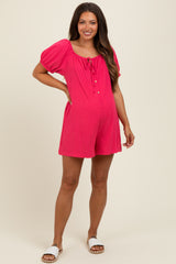 Fuchsia Button Up Front Tie Puff Sleeve Maternity Romper