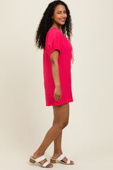 Fuchsia Button Up Front Tie Puff Sleeve Romper