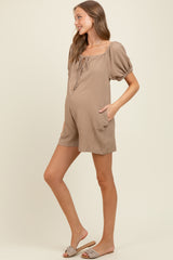 Mocha Button Up Front Tie Puff Sleeve Maternity Romper