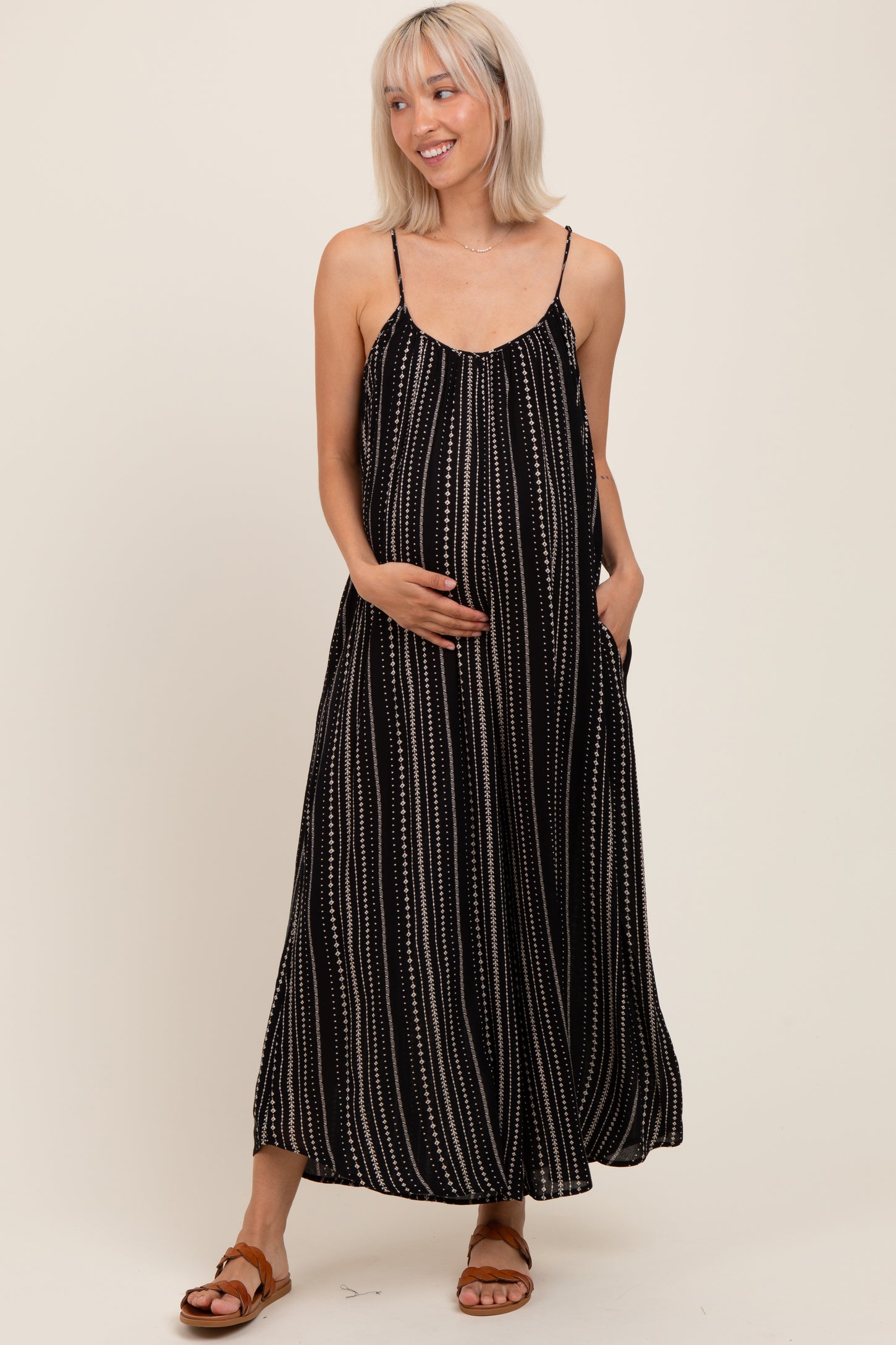 Black Printed Sleeveless Wide Leg Maternity Jumpsuit