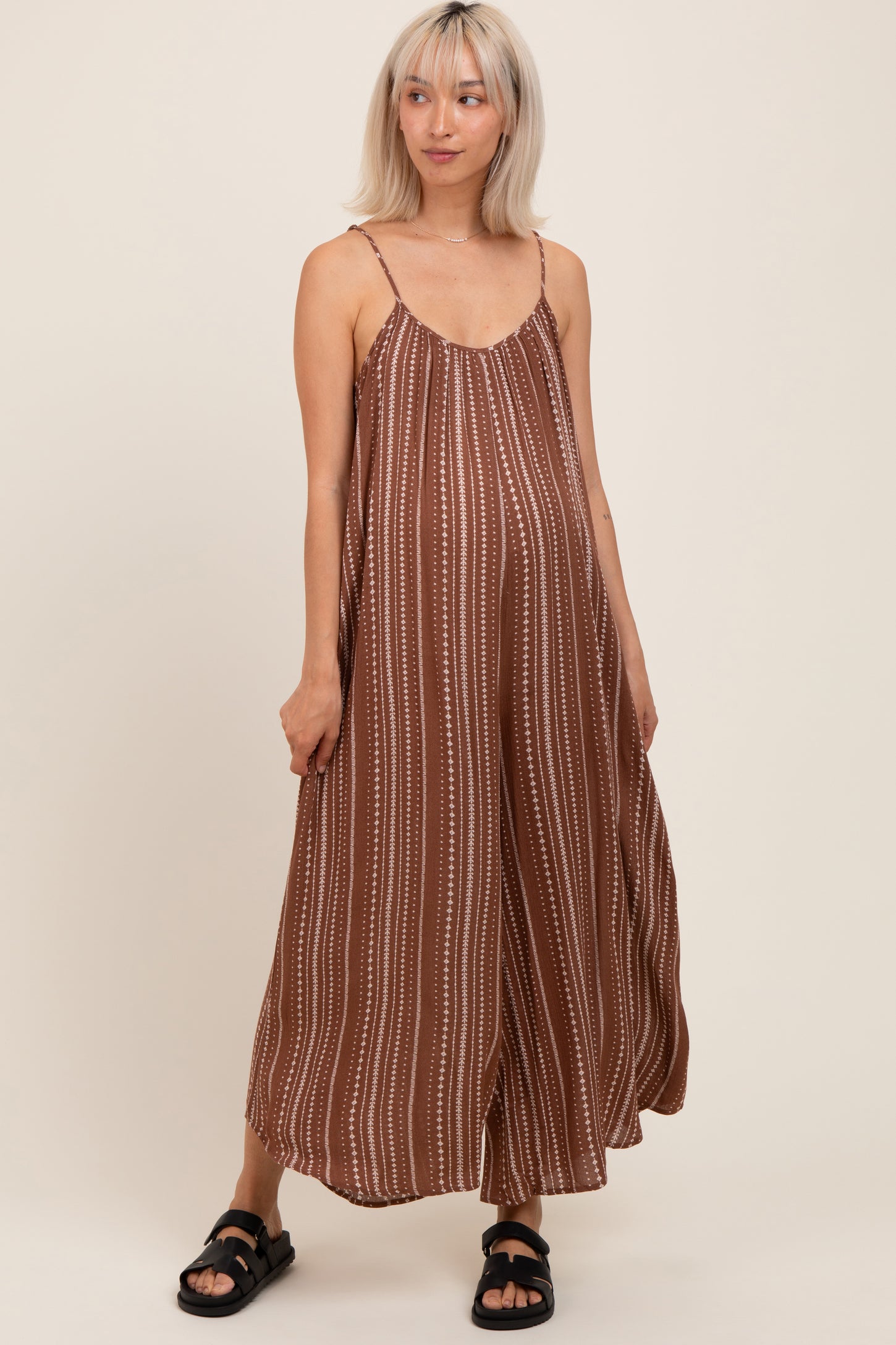 Brown Printed Sleeveless Wide Leg Maternity Jumpsuit