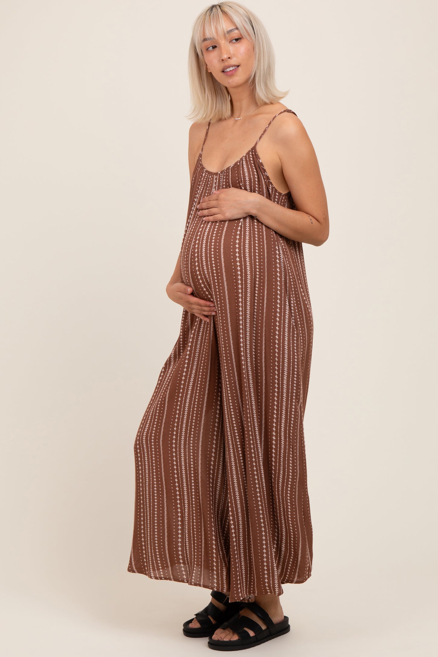 Brown Printed Sleeveless Wide Leg Maternity Jumpsuit