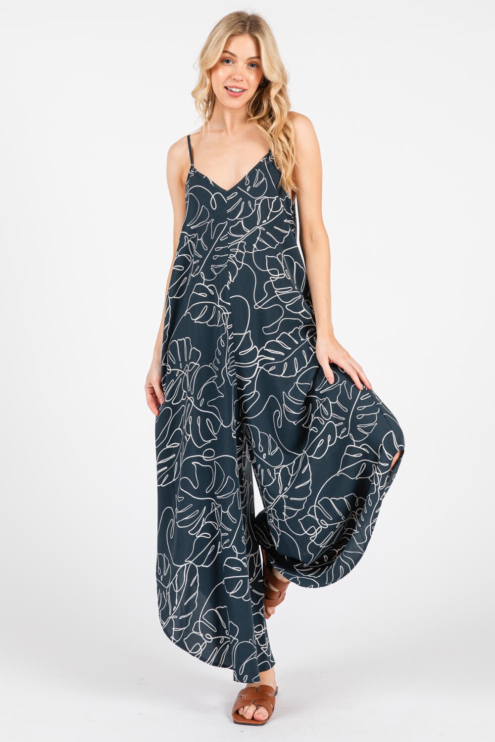 Charcoal Leaf Print Tulip Hem Jumpsuit
