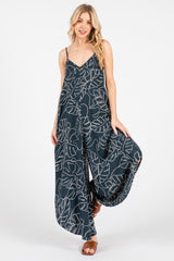 Charcoal Leaf Print Tulip Hem Jumpsuit