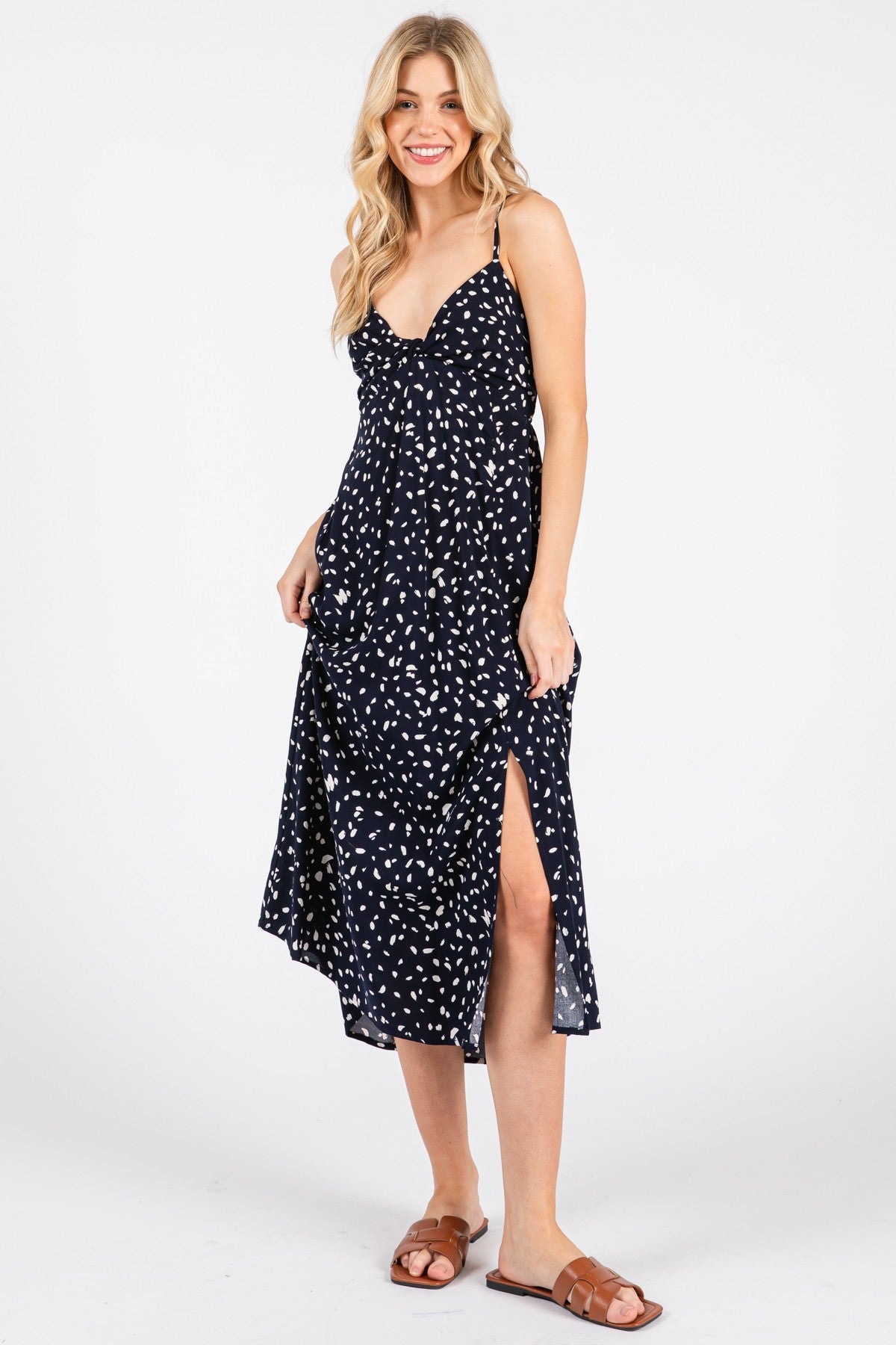Navy Printed Front Twist Sleeveless Midi Dress