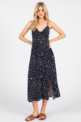 Navy Printed Front Twist Sleeveless Midi Dress