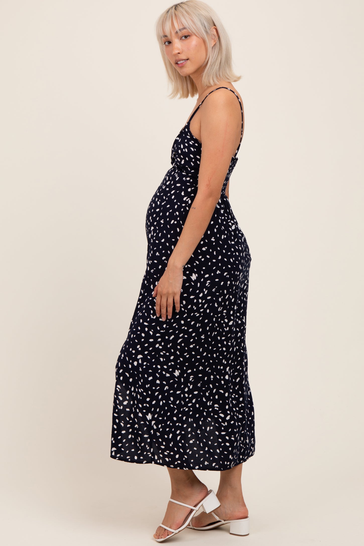 Navy Printed Front Twist Sleeveless Maternity Midi Dress