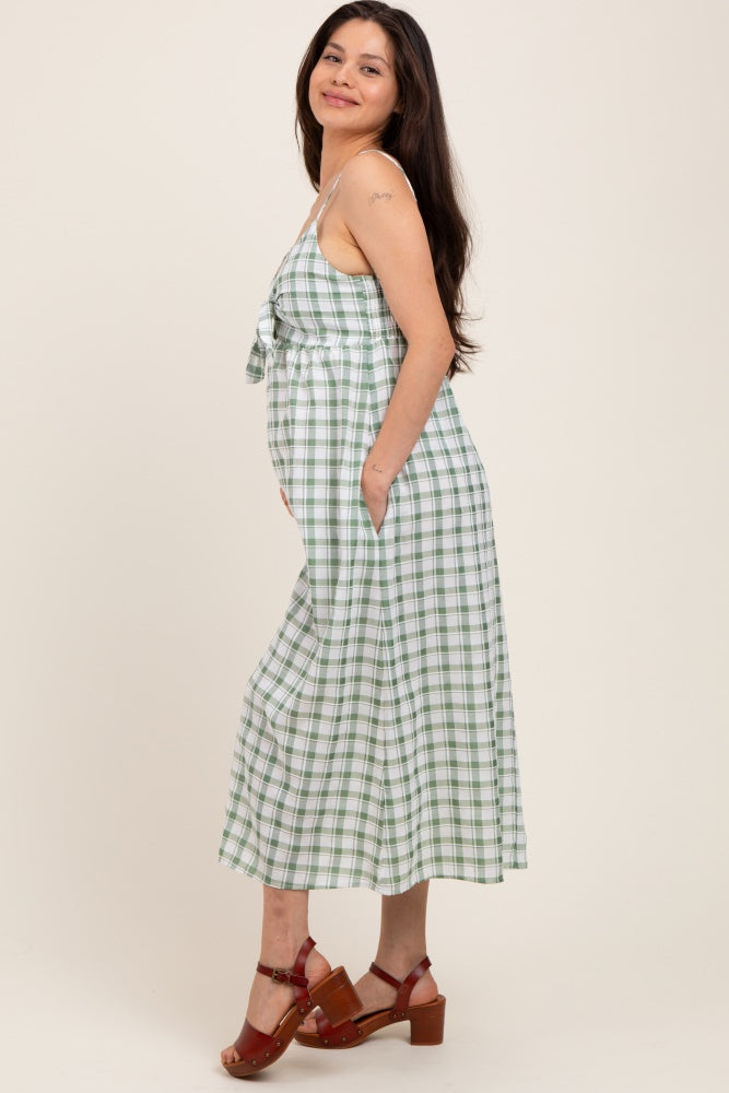 Green Checkered Plaid Front Tie Sleeveless Maternity Midi Dress
