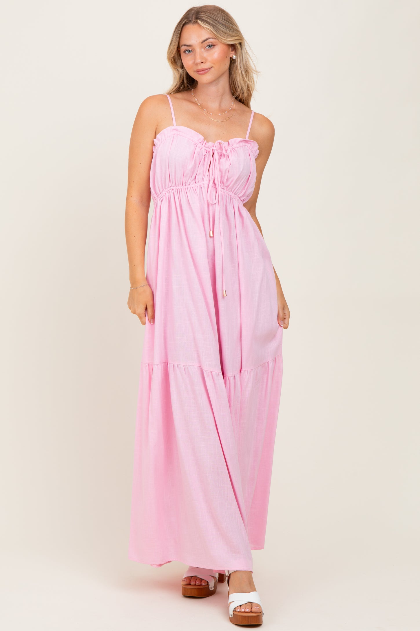 Light Pink Gathered Front Tie Maxi Dress
