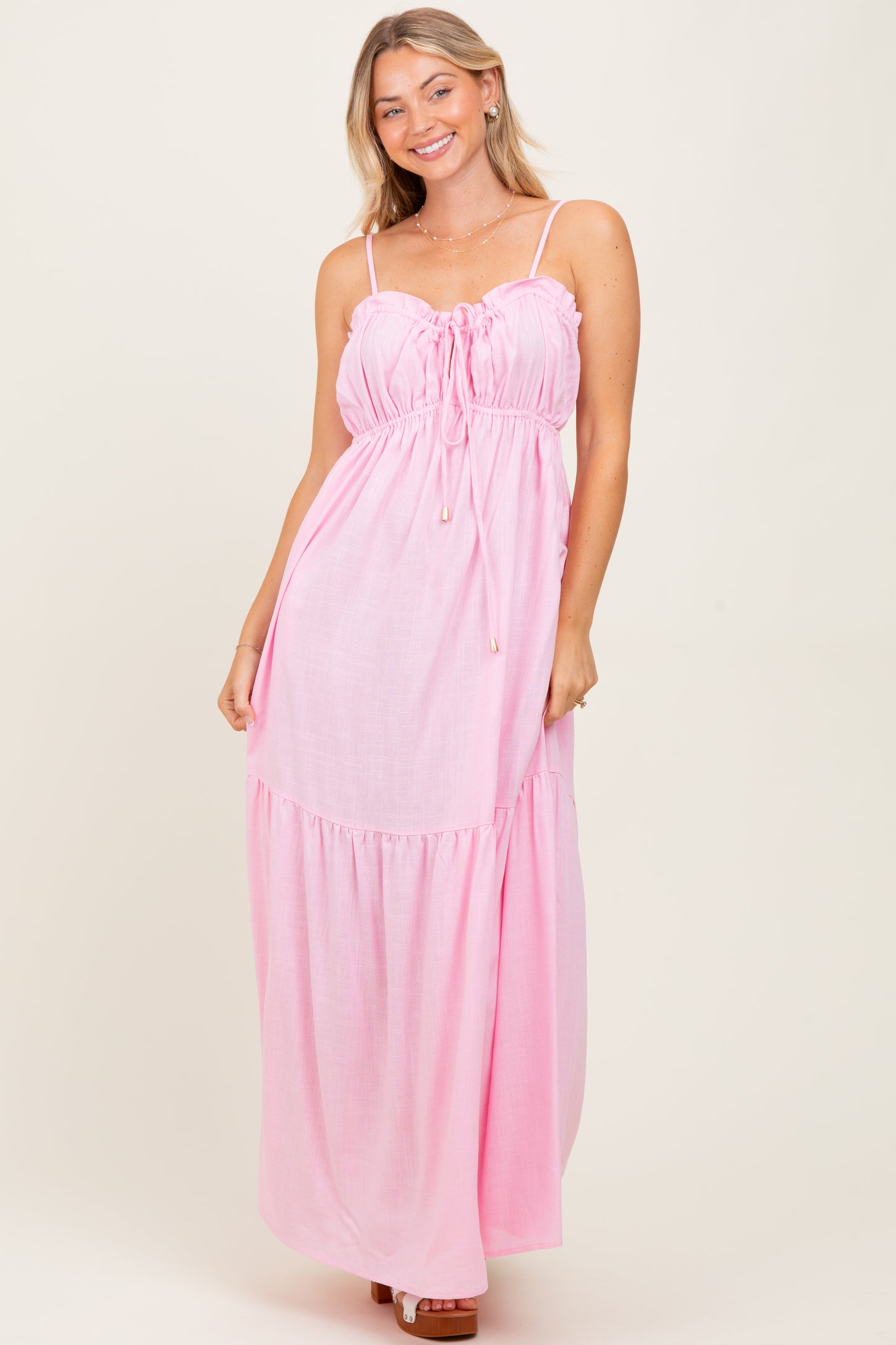 Light Pink Gathered Front Tie Maternity Maxi Dress
