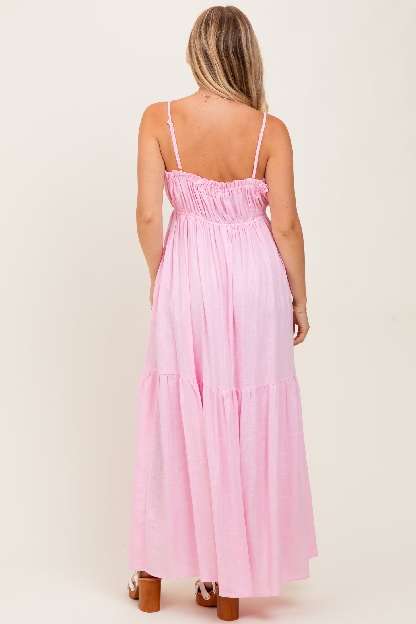 Light Pink Gathered Front Tie Maxi Dress