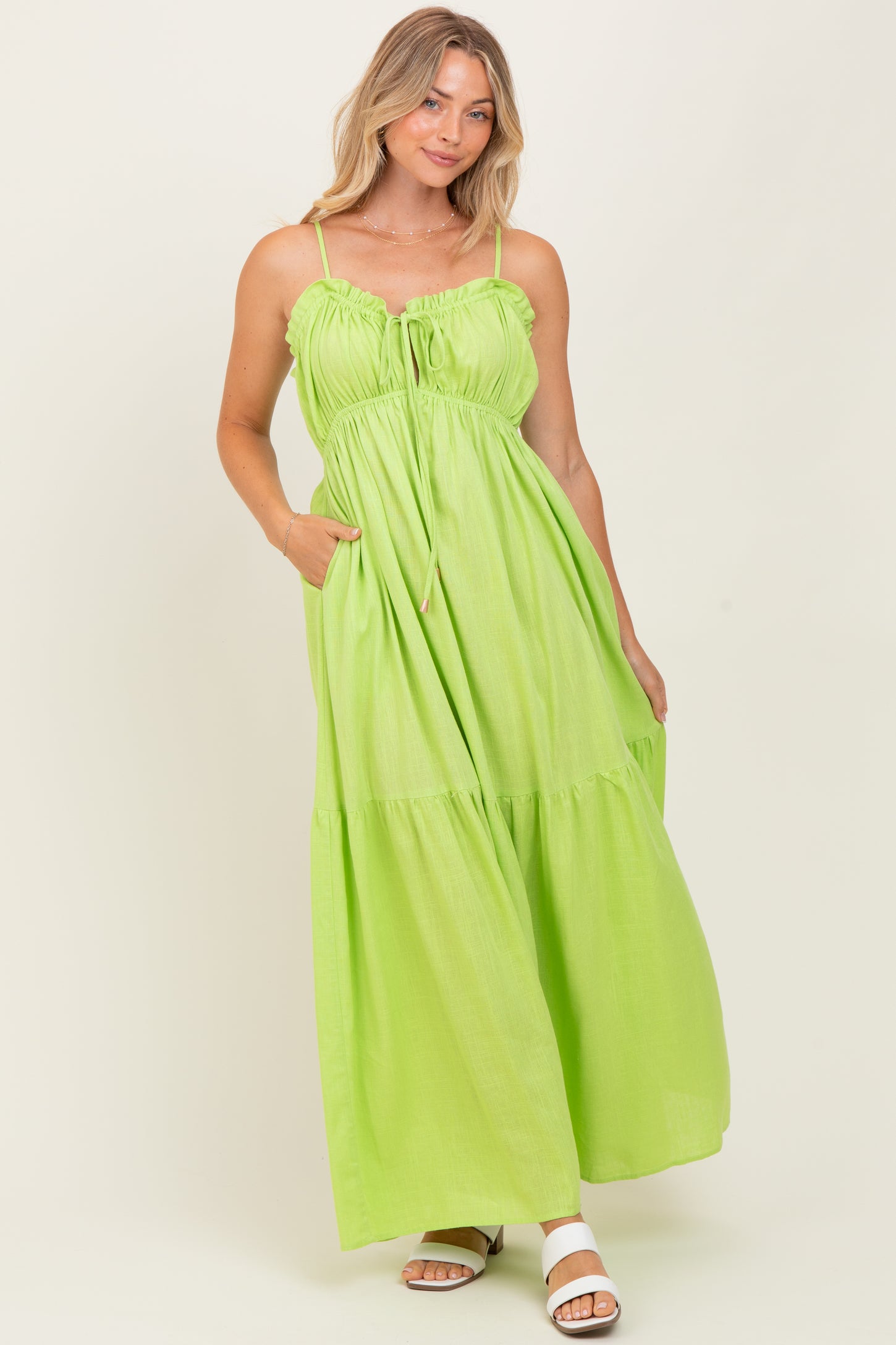 Lime Gathered Front Tie Maxi Dress