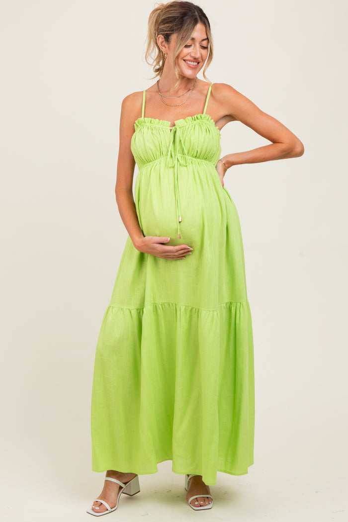 Lime Gathered Front Tie Maternity Maxi Dress
