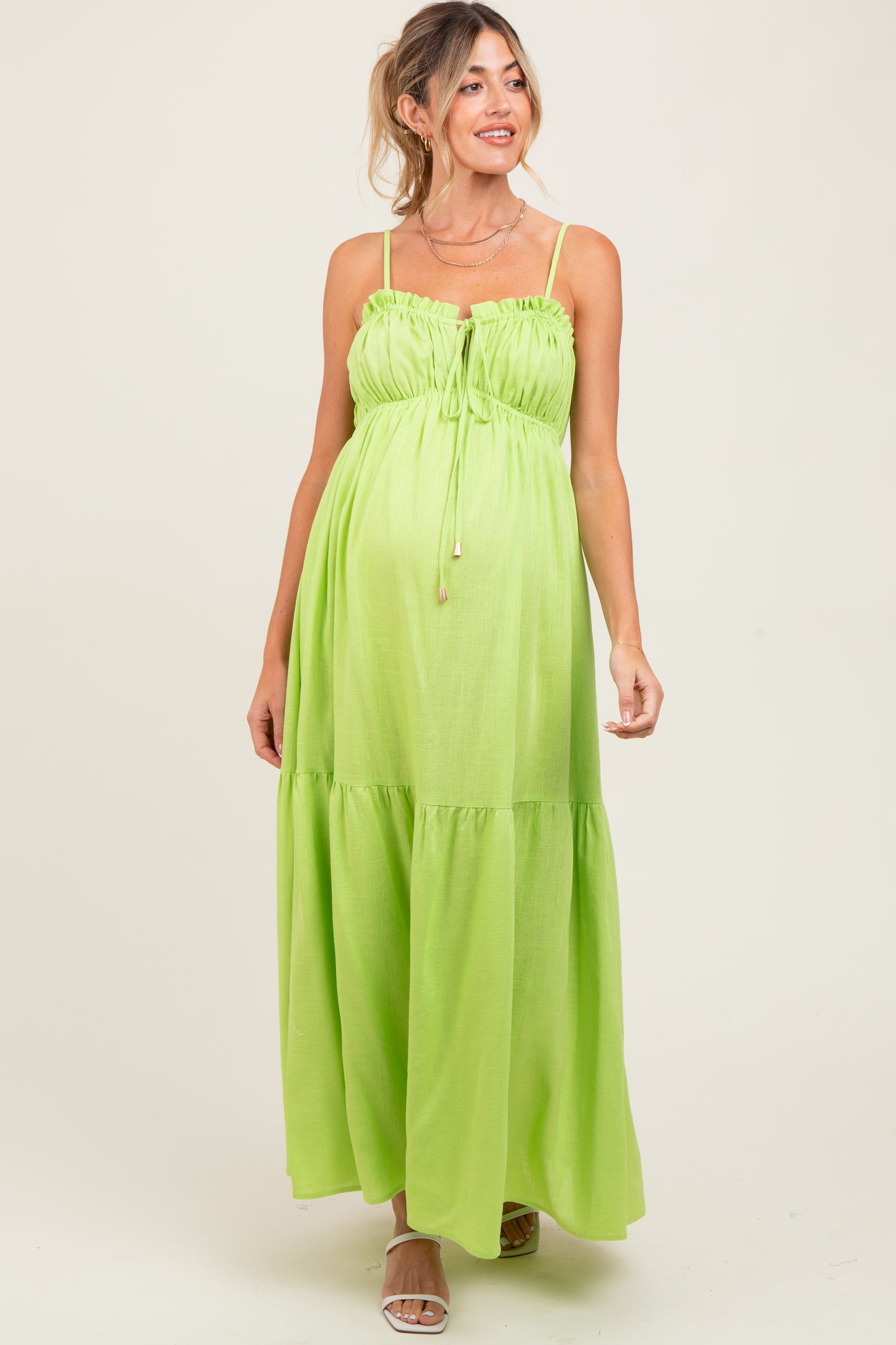 Lime Gathered Front Tie Maternity Maxi Dress